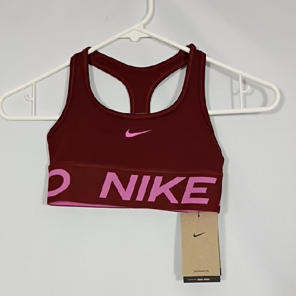NWT Nike Girls Dark Team Red/Playful Pink Swoosh Training Sports Bra Size XS